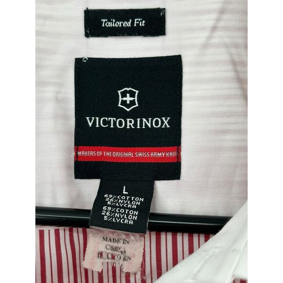 Victorinox Shirt Mens Large Button Up Tailored Fit Red‎ Pinstripe Office Preppy - Picture 2 of 7